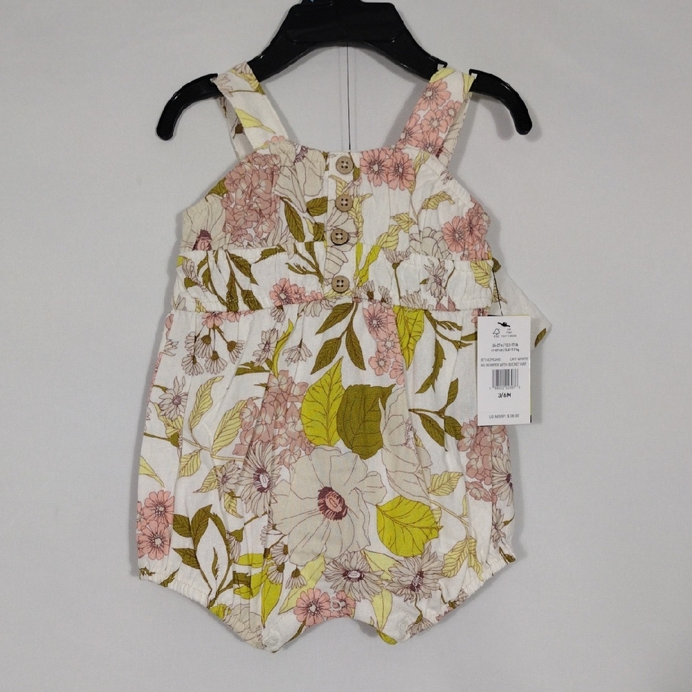 NWT Volcom Off White Floral Romper with Bucket Hat Baby Girl 3/6 Month